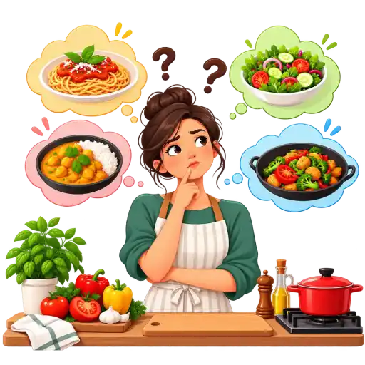A woman in an apron thinking about what to cook with the food in her kitchen